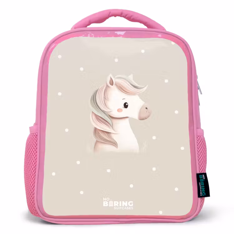 Pony omringd door stippen in beige kleuren Kinderrugzak - Roze middel -3d