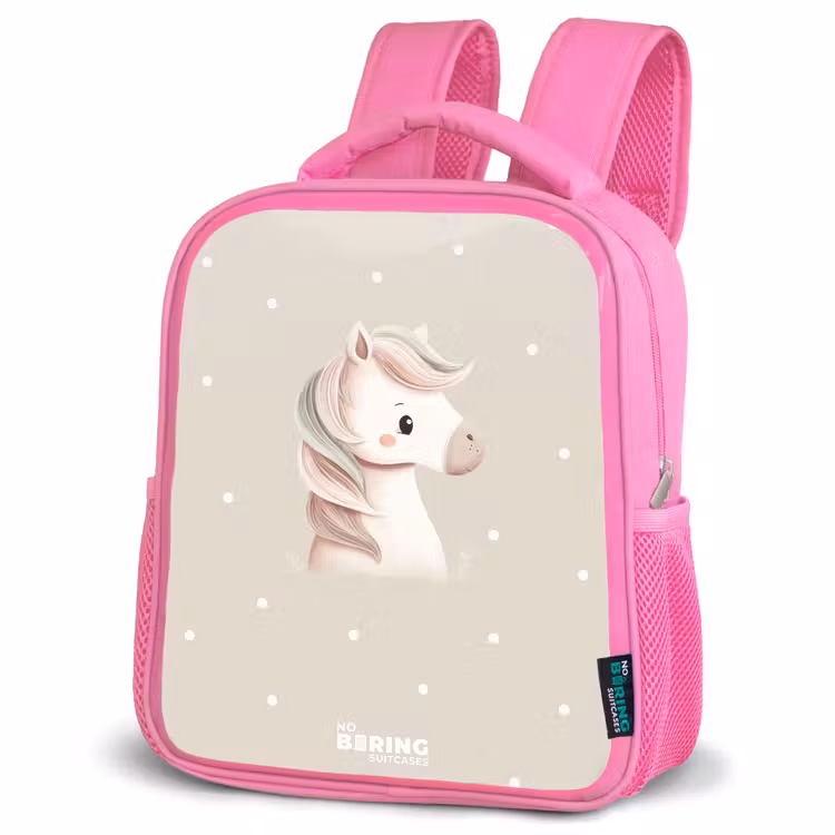 Pony omringd door stippen in beige kleuren Kinderrugzak - Roze middel -schuin