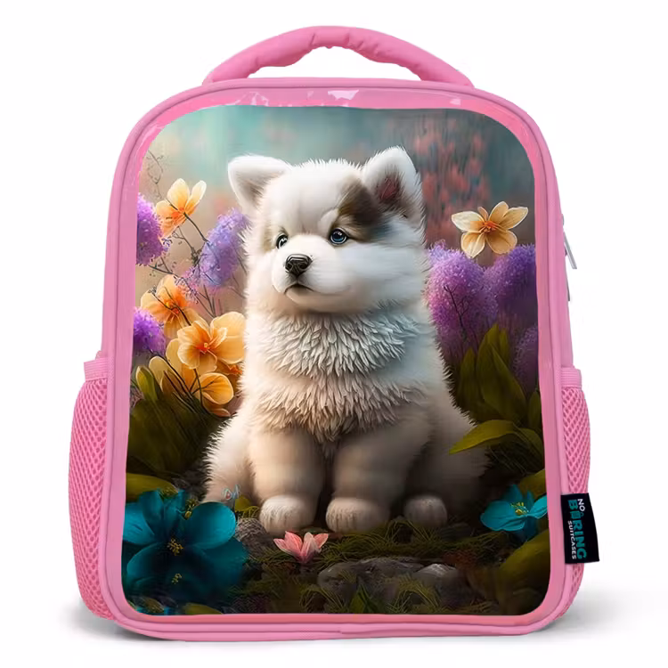 Puppy - Bloemen - Planten - Natuur - Husky Kinderrugzak - Roze middel -3d