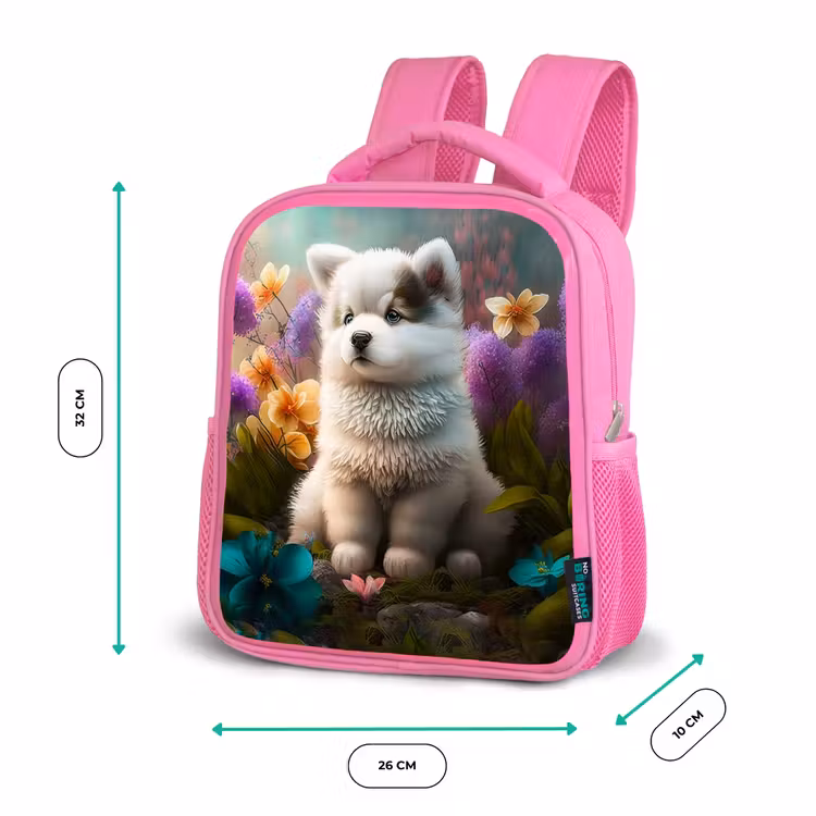 Puppy - Bloemen - Planten - Natuur - Husky Kinderrugzak - Roze middel -productfoto_formaten