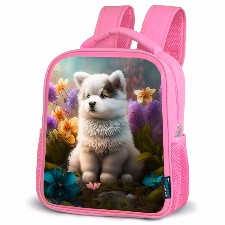Puppy - Bloemen - Planten - Natuur - Husky Kinderrugzak - Roze middel -schuin