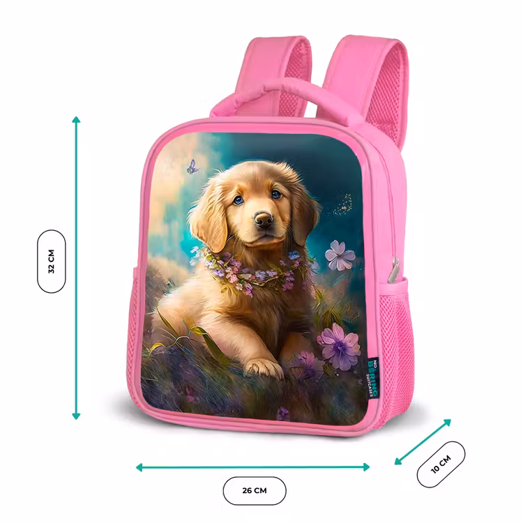 Puppy - Bloemenkrans - Vlinder - Hond - Golden retriever Kinderrugzak - Roze middel -productfoto_formaten