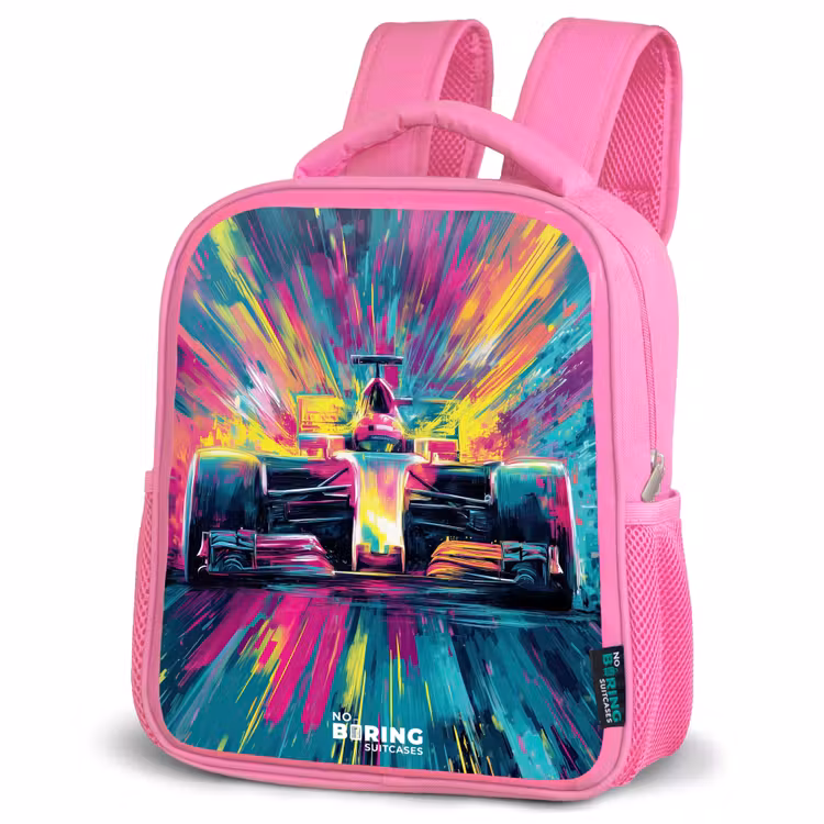 Raceauto - Explosie - Kleurrijk - Abstract Kinderrugzak - Roze middel -schuin