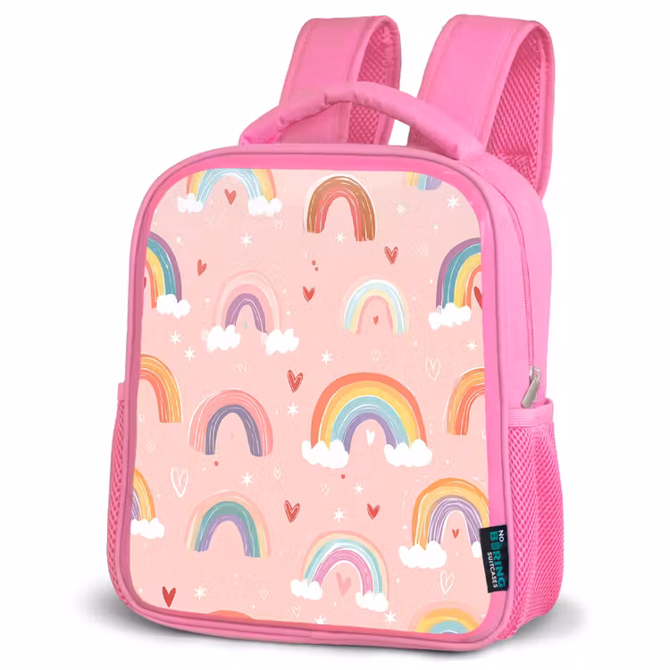 Regenboog - Patroon - Pastel - Handgetekend Kinderrugzak - Roze middel -schuin