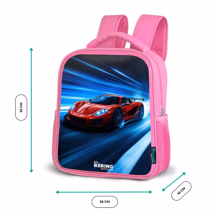 Rode racewagen in digitale snelheidswereld Kinderrugzak - Roze middel -productfoto_formaten
