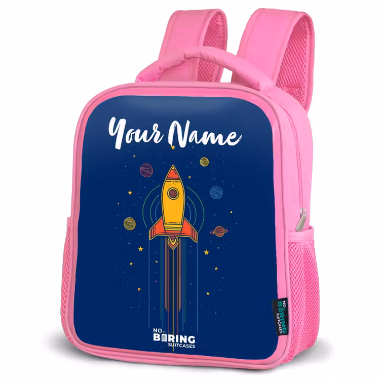 Raket - Planeten - Sterren Kinderrugzak - Roze middel -schuin
