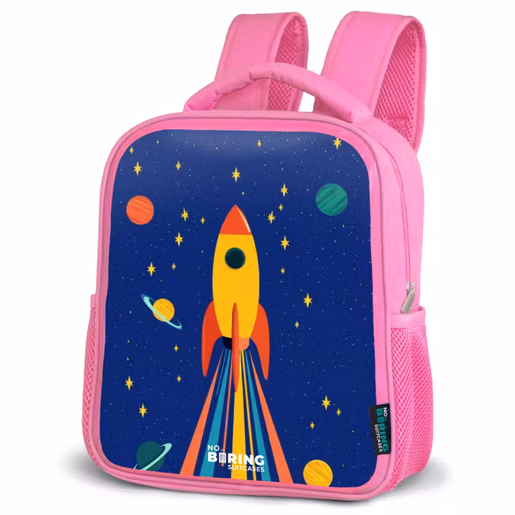 Raket - Sterren - Planeet - Ruimte Kinderrugzak - Roze middel -schuin