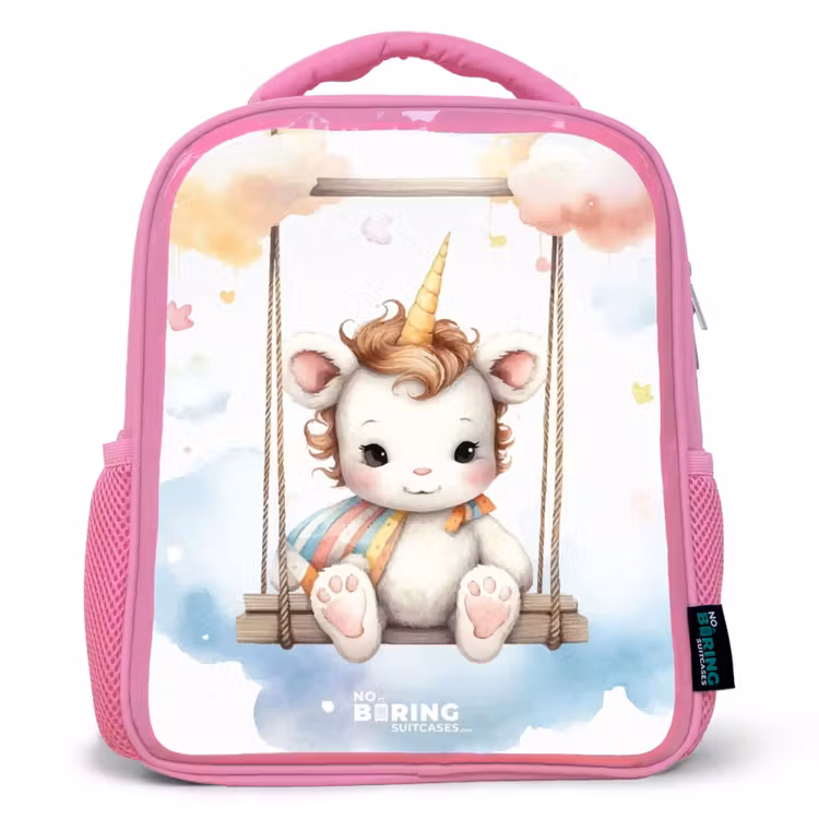 Schommelende baby eenhoorn Kinderrugzak - Roze middel -3d