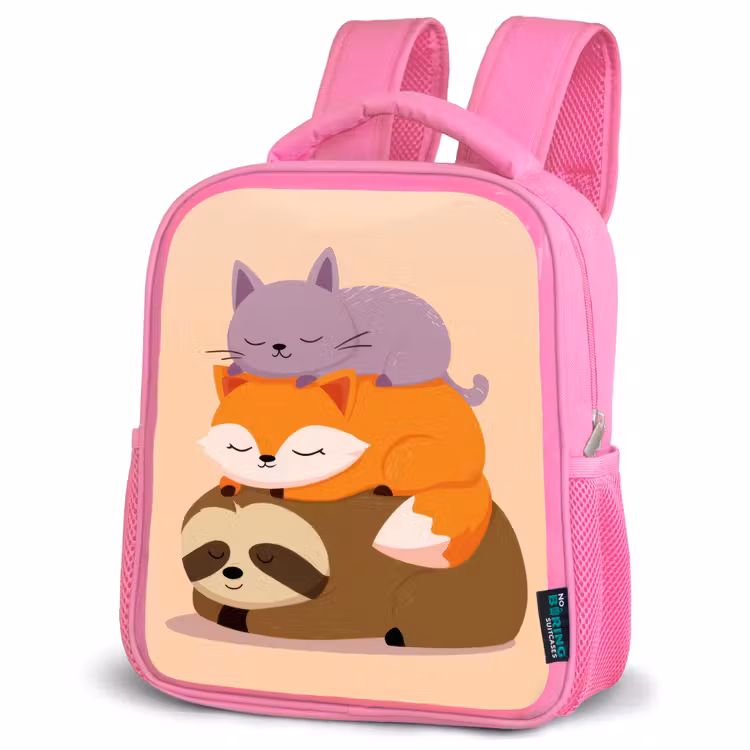 Luiaard - Vos - Kat - Slaperig Kinderrugzak - Roze middel -schuin