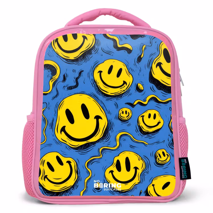 Smiley - Blauw - Geel Kinderrugzak - Roze middel -3d