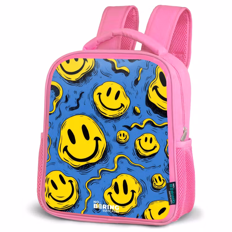 Smiley - Blauw - Geel Kinderrugzak - Roze middel -schuin