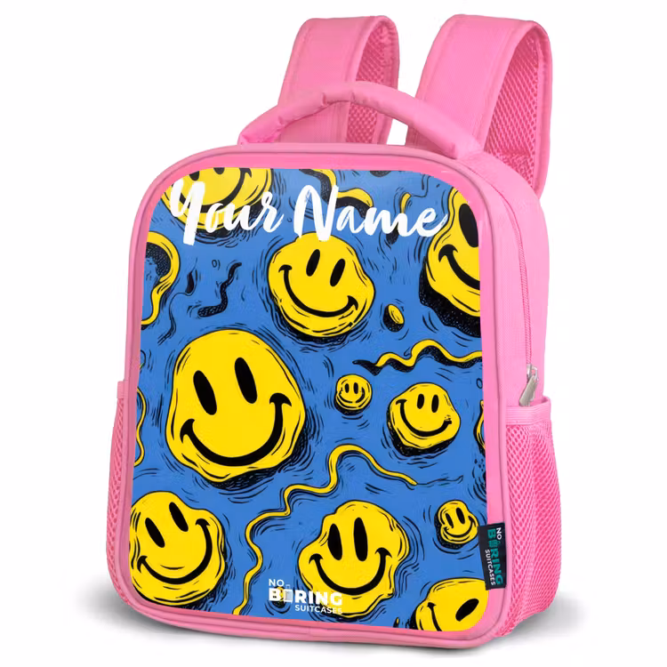 Smiley - Blauw - Geel Kinderrugzak - Roze middel -schuin
