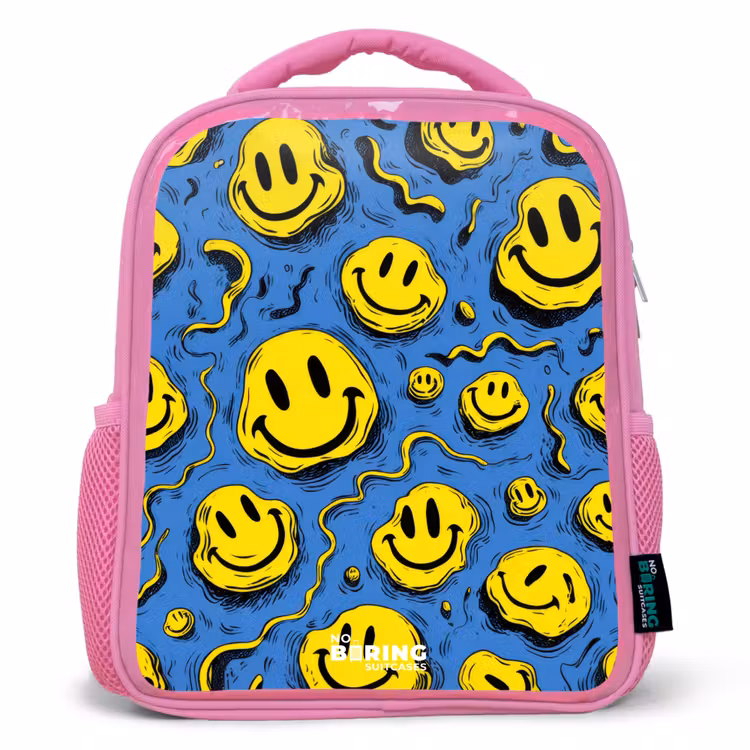 Smiley - Geel - Blauw Kinderrugzak - Roze middel -3d