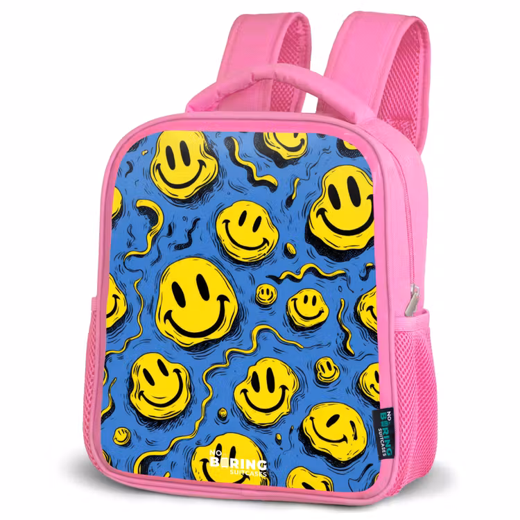 Smiley - Geel - Blauw Kinderrugzak - Roze middel -schuin