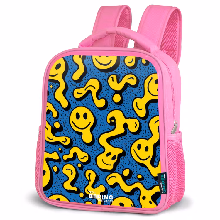Smiley - Geel - Blauw Kinderrugzak - Roze middel -schuin