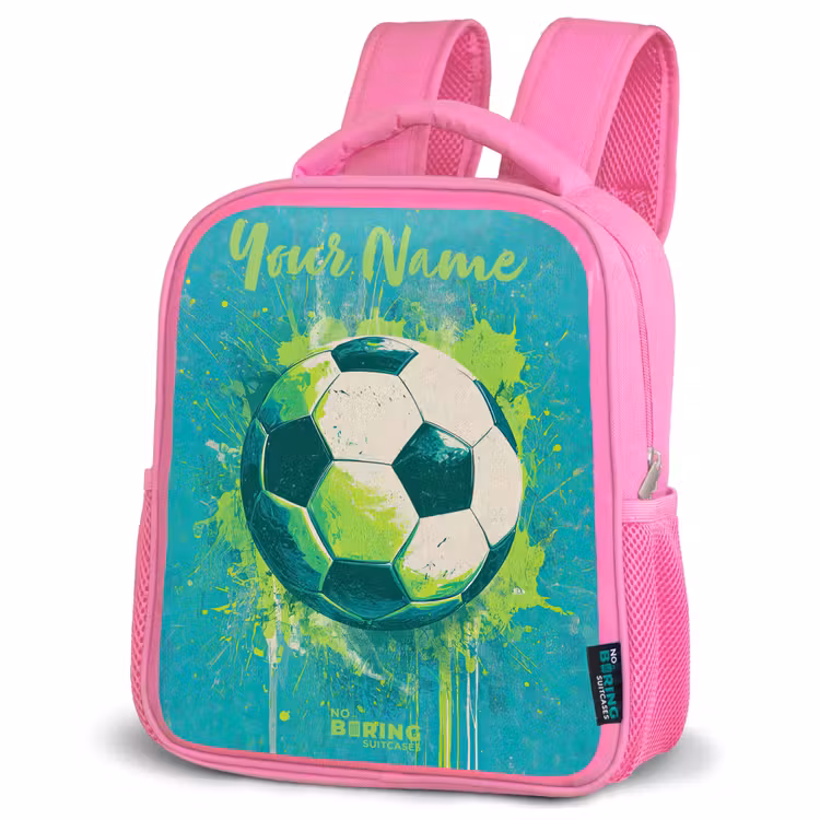 Voetbalvibes - Verfspatten - Groen - Blauw Kinderrugzak - Roze middel -schuin
