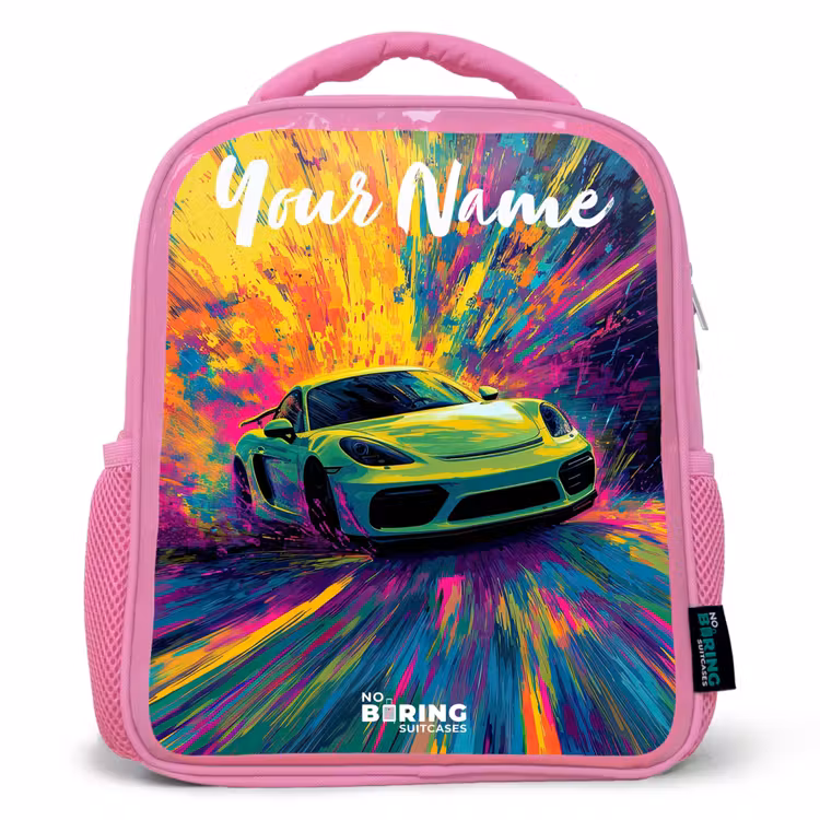 Sportauto - Groen - Verfstrepen - Kleuren Kinderrugzak - Roze middel -3d