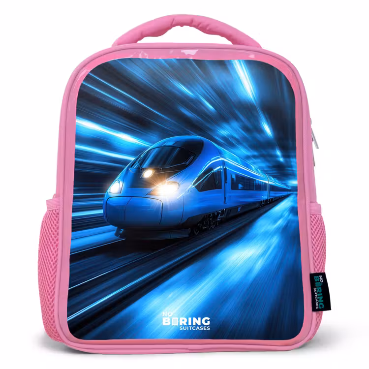 Supersnelle trein in neonblauwe tunnel Kinderrugzak - Roze middel -3d