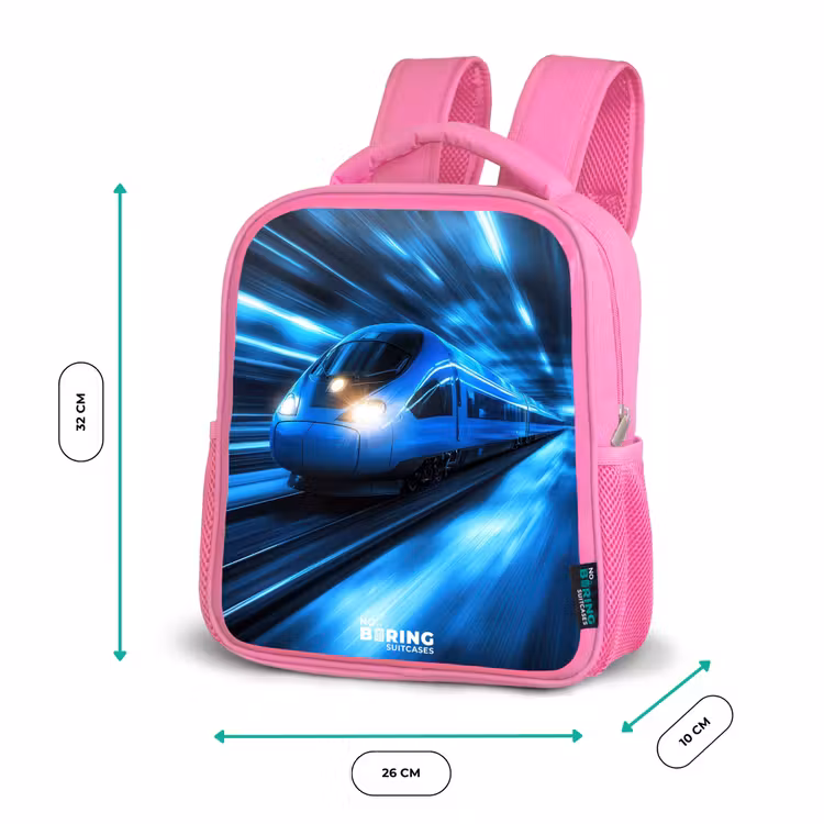Supersnelle trein in neonblauwe tunnel Kinderrugzak - Roze middel -productfoto_formaten