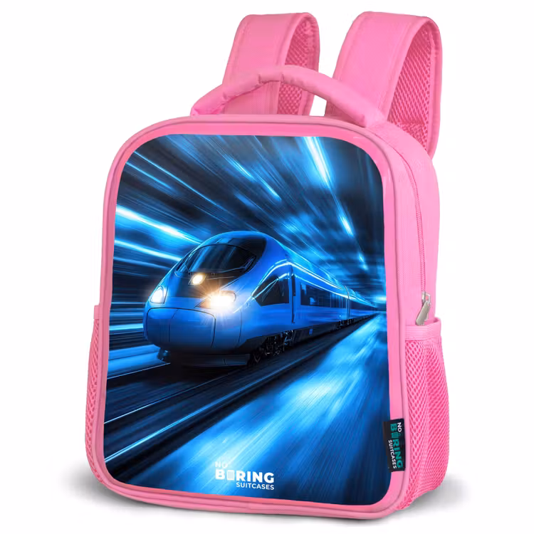 Supersnelle trein in neonblauwe tunnel Kinderrugzak - Roze middel -schuin