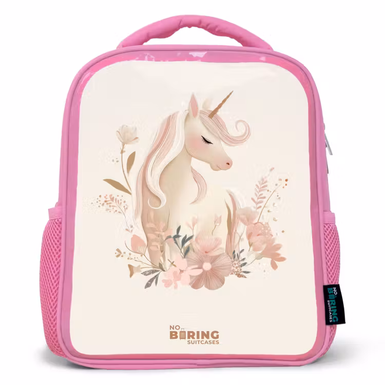 Eenhoorn tussen bloemen in roze pastel kleuren Kinderrugzak - Roze middel -3d