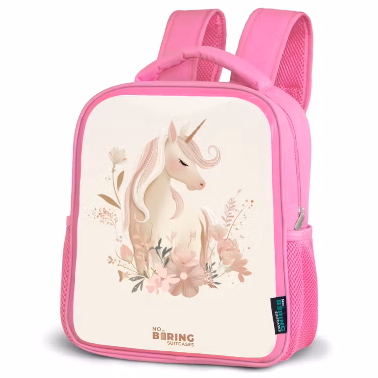 Eenhoorn tussen bloemen in roze pastel kleuren Kinderrugzak - Roze middel -schuin