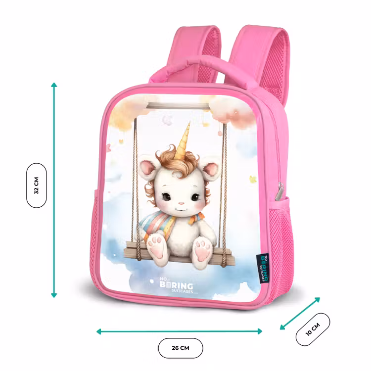Witte baby eenhoorn op een schommel in de wolken Kinderrugzak - Roze middel -productfoto_formaten
