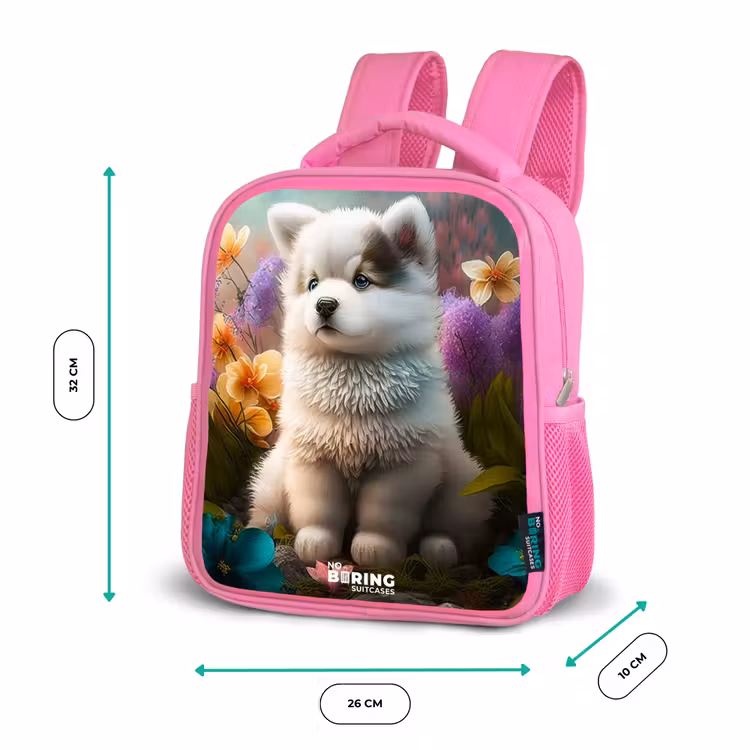Witte puppy in een bloemenweide Kinderrugzak - Roze middel -productfoto_formaten