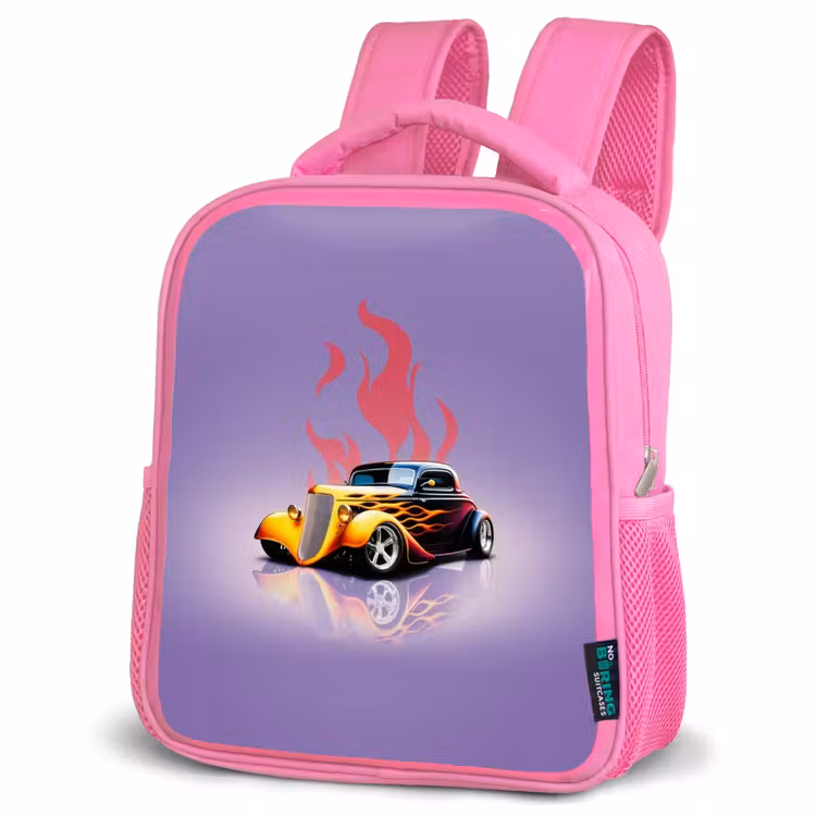 Gele auto met roze vlammen Kinderrugzak - Roze middel -schuin