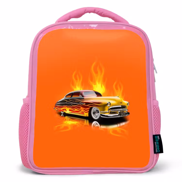 Gele auto met gele vlammen Kinderrugzak - Roze middel -3d