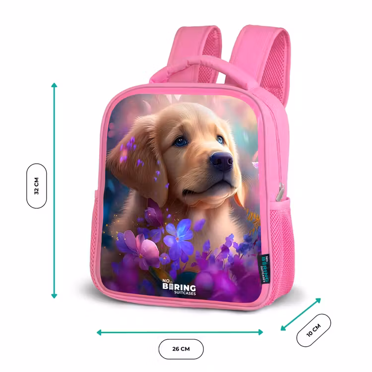 Jonge hond tussen felgekleurde bloemen Kinderrugzak - Roze middel -productfoto_formaten