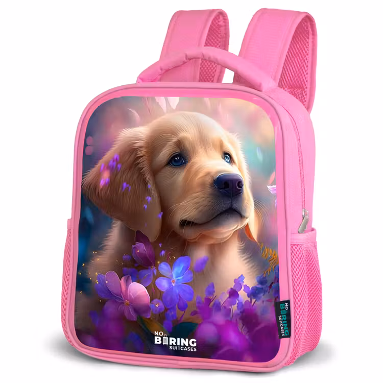 Jonge hond tussen felgekleurde bloemen Kinderrugzak - Roze middel -schuin