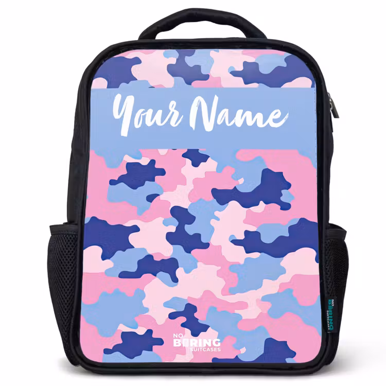 Camouflage - Roze - Blauw Rugzak - Zwart middel -3d