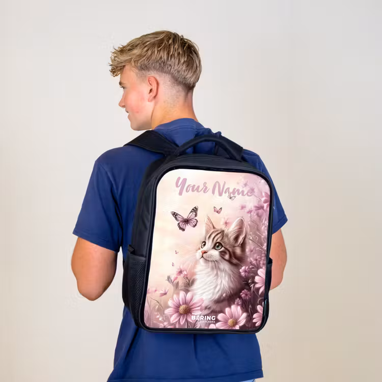 Kitten - Vlinders - Paars - Bloemen Rugzak - Zwart middel -sfeer8