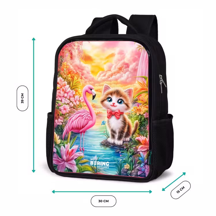 Kitten met flamingo in tropisch bloemenparadijs Rugzak - Zwart middel -productfoto_formaten