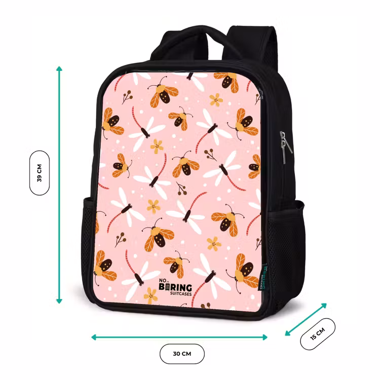 Lieveheersbeestjes en libellen op roze achtergrond Rugzak - Zwart middel -productfoto_formaten
