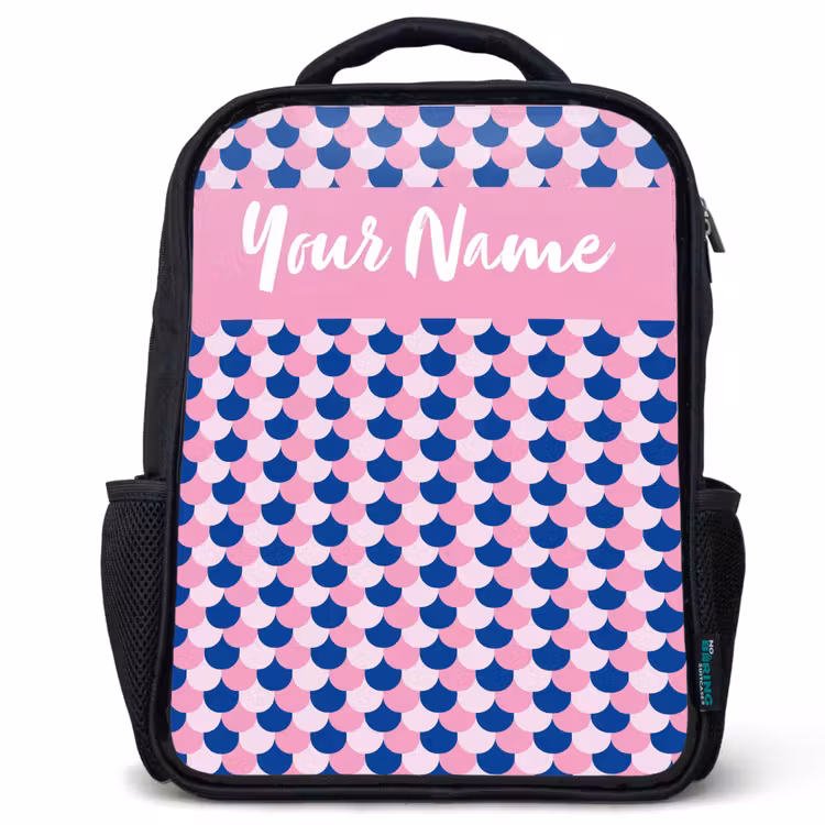 Schubben - Patroon - Blauw - Roze Rugzak - Zwart middel -3d