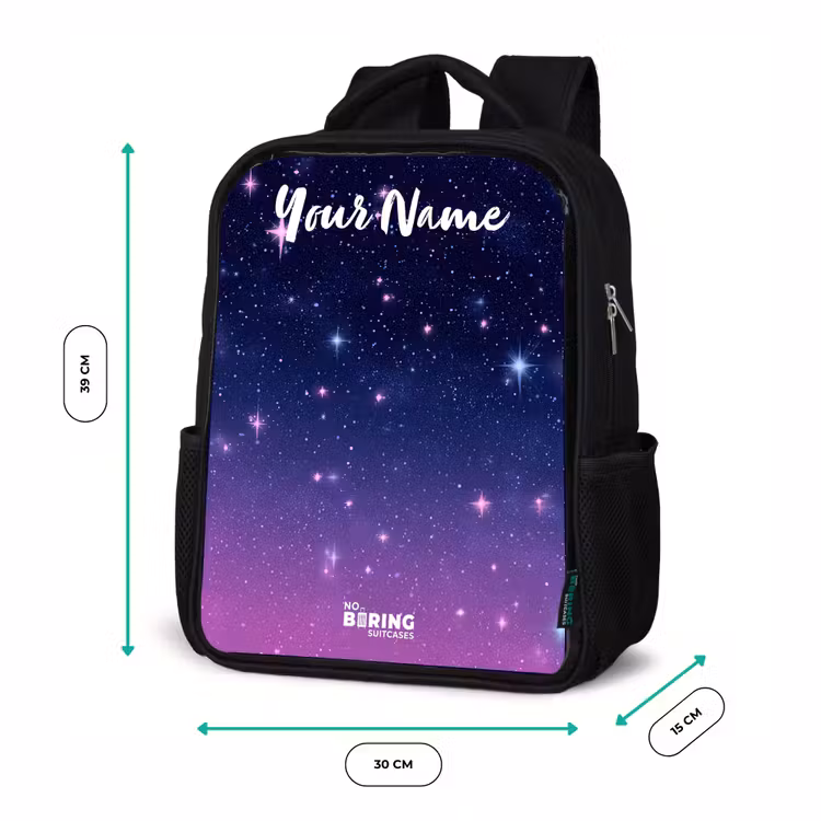 Sterren - Galaxy - Blauw - Roze Rugzak - Zwart middel -productfoto_formaten