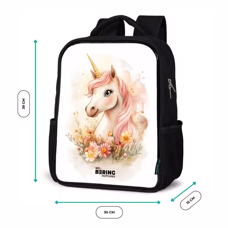 Eenhoorn met roze manen tussen pastelbloemen Rugzak - Zwart middel -productfoto_formaten