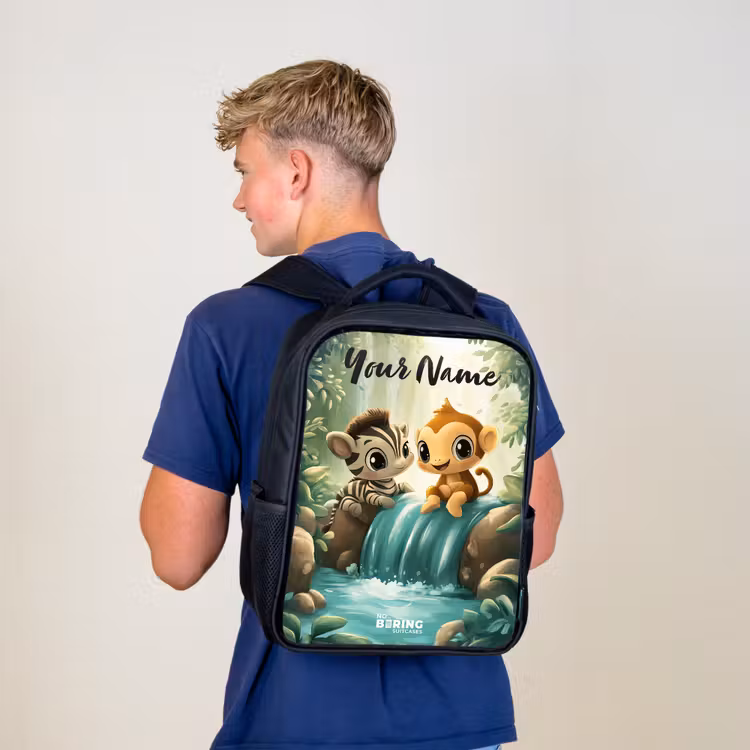 Zebra - Aapje - Waterval - Rotsen Rugzak - Zwart middel -sfeer8