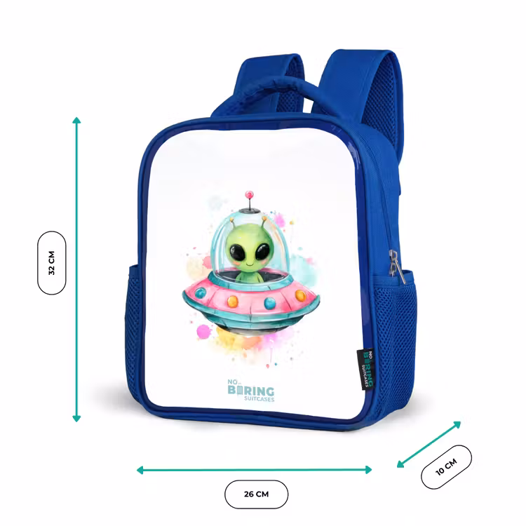 Groene alien in kleurrijke UFO Kinderrugzak - Blauw middel -productfoto_formaten