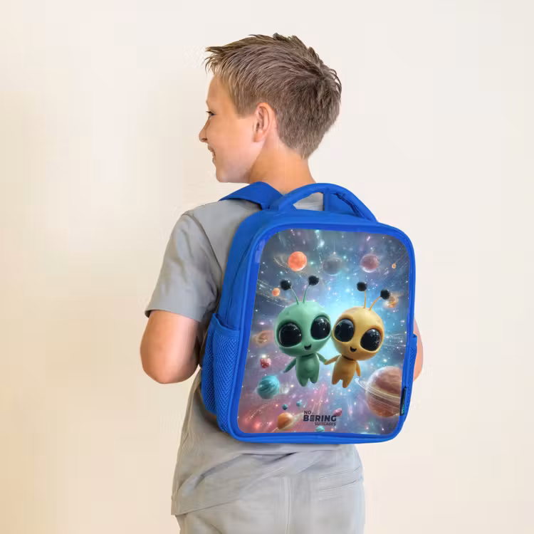 Vrolijke buitenaardse vrienden Kinderrugzak - Blauw middel -sfeer2