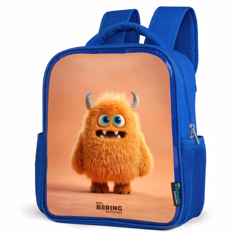 Oranje Pluizig Monster met Hoorns Kinderrugzak - Blauw middel -schuin