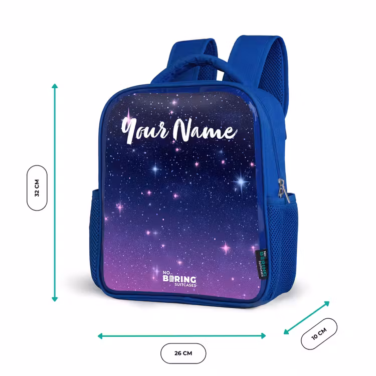 Sterren - Galaxy - Blauw - Roze Kinderrugzak - Blauw middel -productfoto_formaten