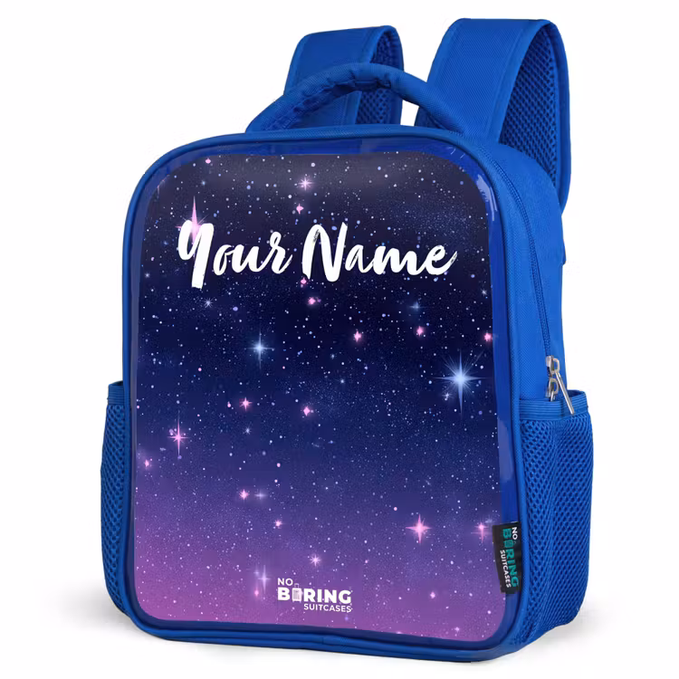 Sterren - Galaxy - Blauw - Roze Kinderrugzak - Blauw middel -schuin