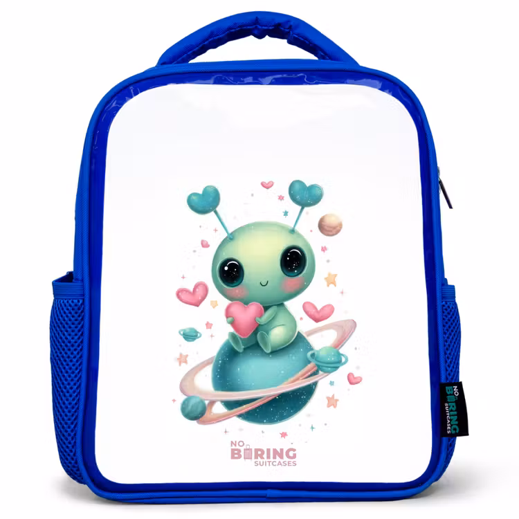 Lief buitenaards wezentje met hartje Kinderrugzak - Blauw middel -3d