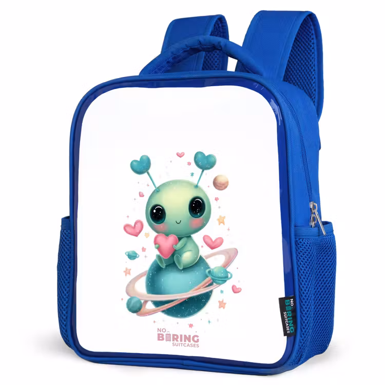 Lief buitenaards wezentje met hartje Kinderrugzak - Blauw middel -schuin