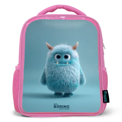 Blauw pluizig monster met hoorns Kinderrugzak - Roze middel -3d