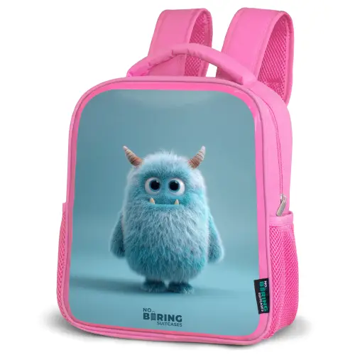 Blauw pluizig monster met hoorns Kinderrugzak - Roze middel -schuin