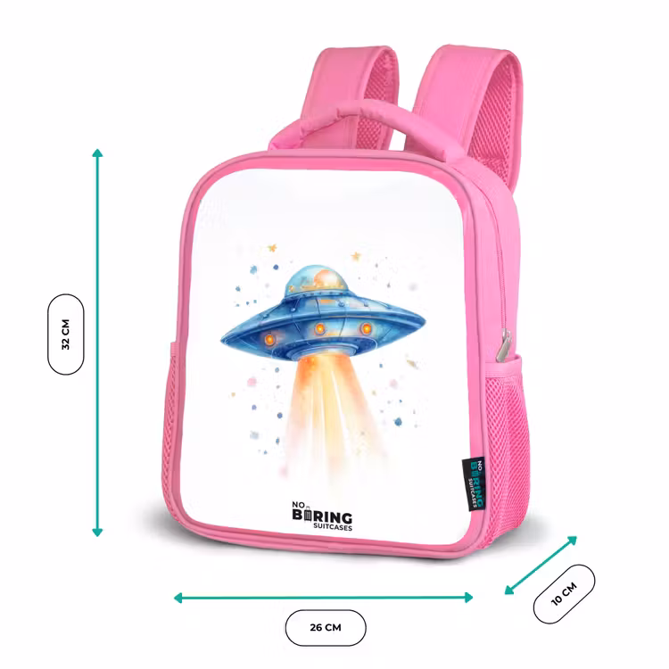 Blauw ruimteschip met lichtstraal Kinderrugzak - Roze middel -productfoto_formaten